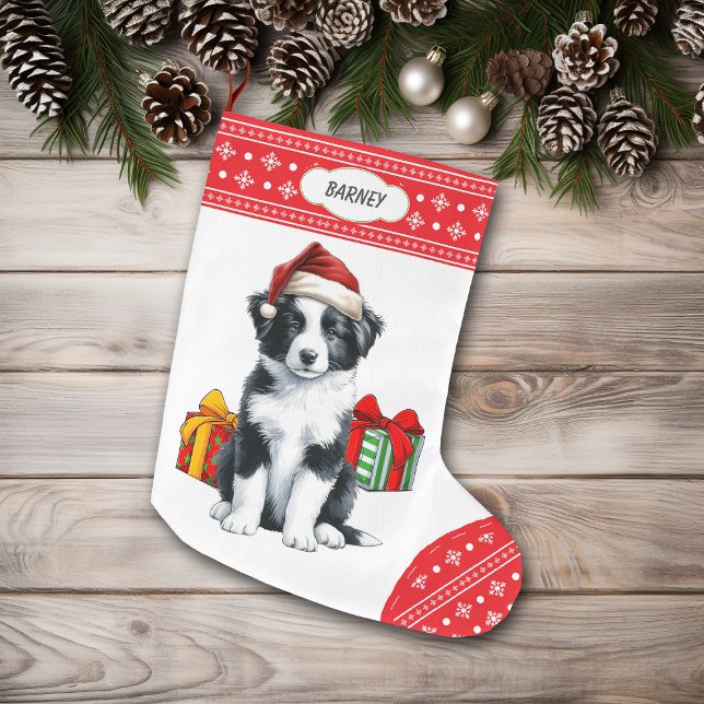 Grande Chaussette De Noël Bordure mignonne Collie Chiot Santa Hat Flocon de  (Créateur téléchargé)
