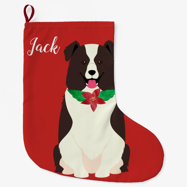 Grande Chaussette De Noël Bordure personnalisée Collie (Devant)