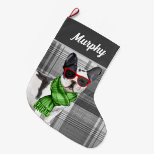 Grande Chaussette De Noël Boston Terrier et Plaid with Dog's Name