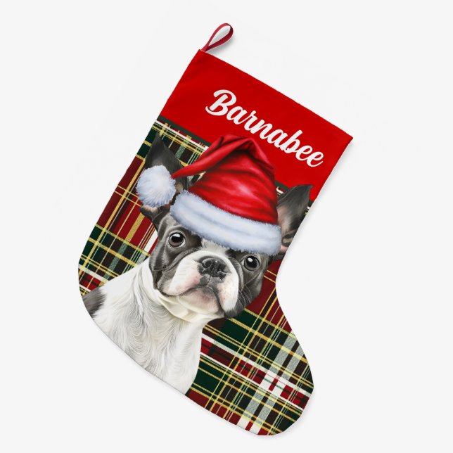 Grande Chaussette De Noël Boston Terrier Holiday Plaid and Dogs Nom (Devant (Accrochage))