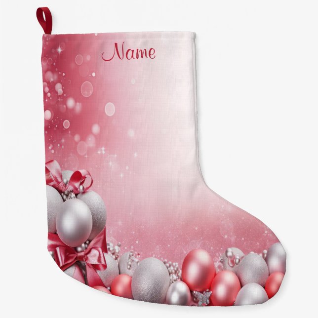 Grande Chaussette De Noël Boules de Noël rose blanc Vacances Stocker (Devant)