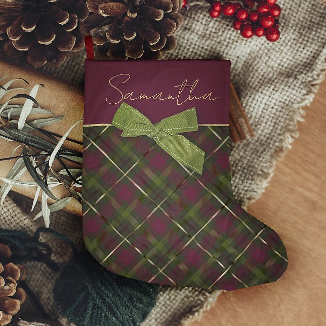 Grande Chaussette De Noël Bourgogne & Plaid Vert Avec Nom (farmhouse Christmas Stocking Red and Green with tartan plaid and simulated bow)
