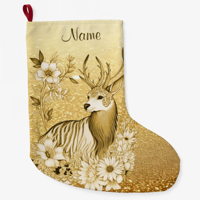 Grande Chaussette De Noël Boutique de Noël de rennes floraux d'or (Devant)
