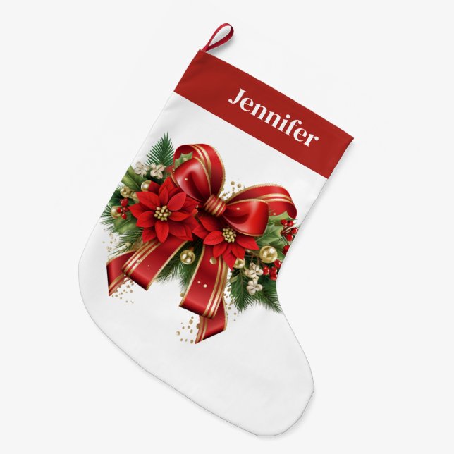 Grande Chaussette De Noël Bow de Noël Festif Rouge et Or (Devant (Accrochage))