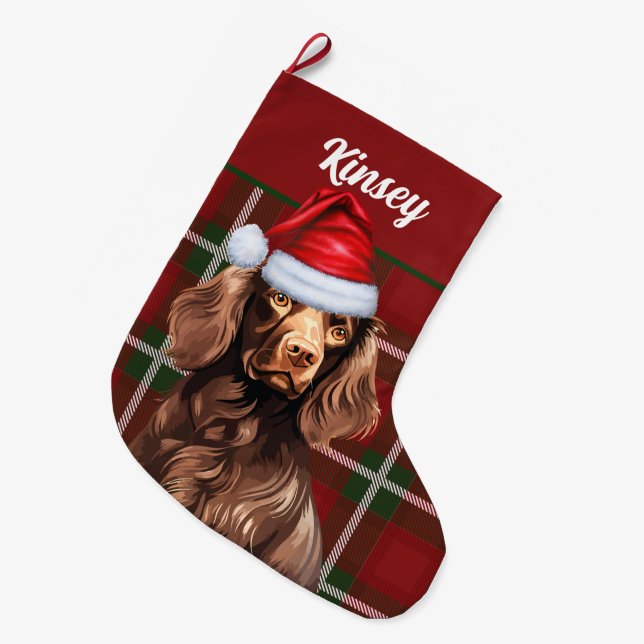 Grande Chaussette De Noël Boykin Spaniel Chien Rouge Plaid Personnalisé (Devant (Accrochage))