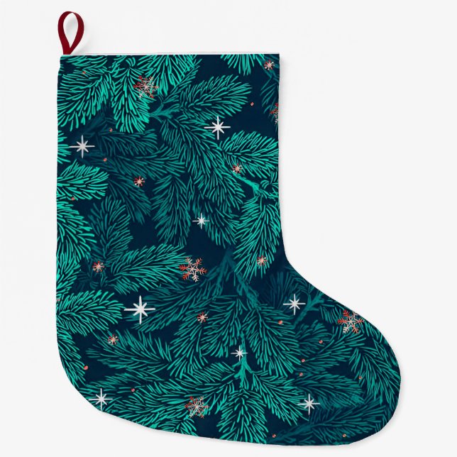 Grande Chaussette De Noël Branches de pin sarcelle avec flocons de neige bla (Devant)