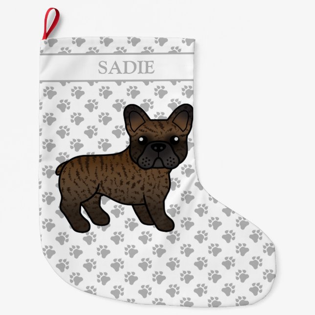 Grande Chaussette De Noël Brindle French Bulldog mignon Dessin & Nom (Devant)