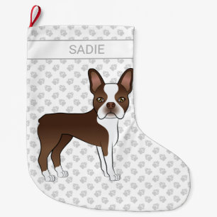 Grande Chaussette De Noël Brown Boston Terrier Cartoon Chien et Nom personna