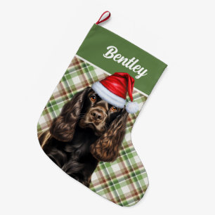 Grande Chaussette De Noël Brown Cocker Spaniel Green Plaid avec le nom du ch