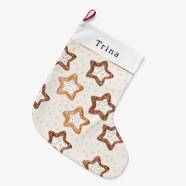 Grande Chaussette De Noël Brown Cream White Star Cookies Christmas   (Devant (Accrochage))