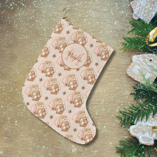 Grande Chaussette De Noël Brown pain d'épices Maison Motif de cookies roses
