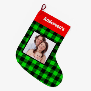 Grande Chaussette De Noël Buffalo noir vert Plaid Nom de la famille