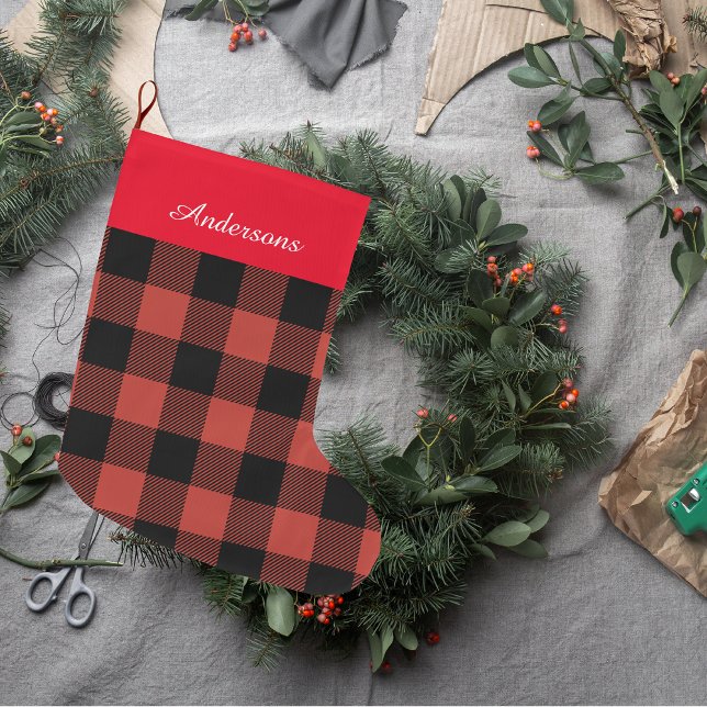 Grande Chaussette De Noël Buffle Rouge Plaid Avec Nom (Créateur téléchargé)