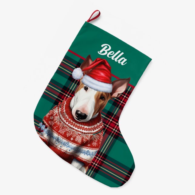 Grande Chaussette De Noël Bull Terrier Chien rouge et vert Plaid Personnalis (Devant (Accrochage))