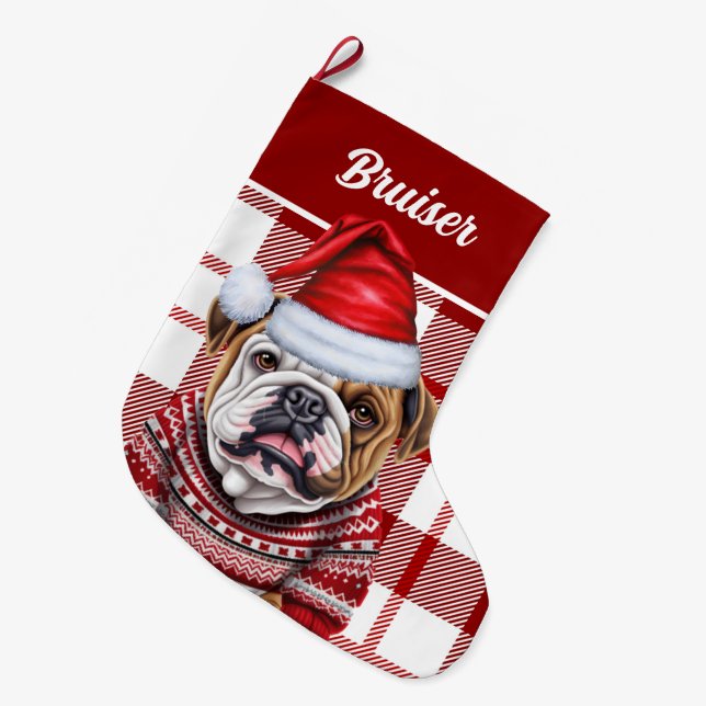 Grande Chaussette De Noël Bulldog Rouge et blanc Plaid Personnalisé (Devant (Accrochage))