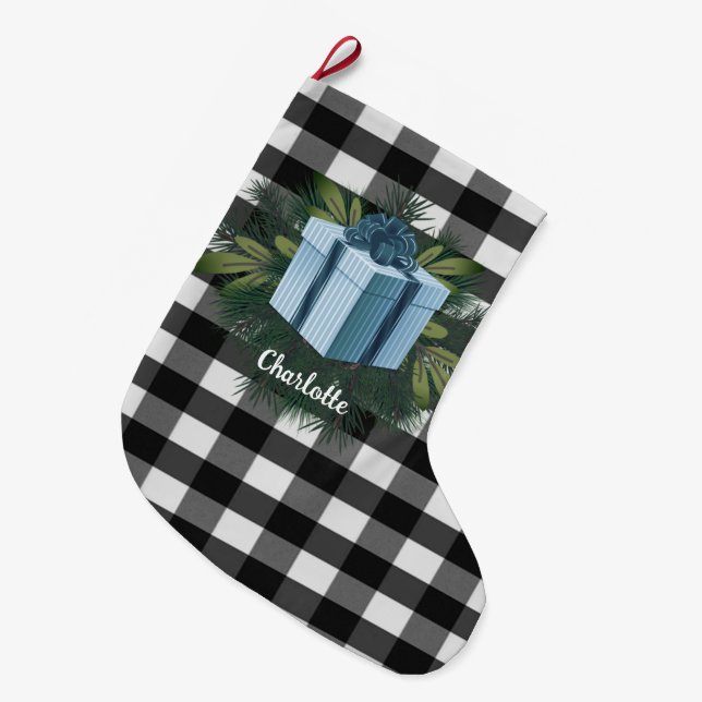 Grande Chaussette De Noël Cadeau de Noël Plaid Buffalo | Bleu (Devant (Accrochage))