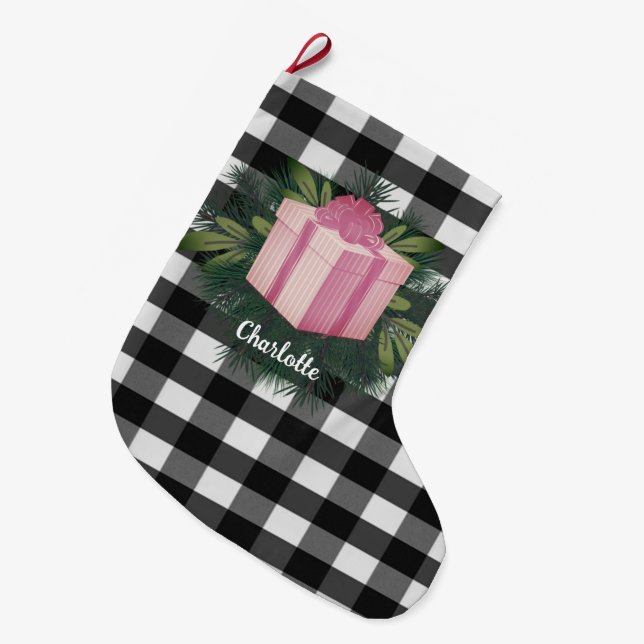 Grande Chaussette De Noël Cadeau de Noël Plaid Buffalo | Rose (Devant (Accrochage))