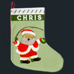 Grande Chaussette De Noël Cadeau Pêcheur<br><div class="desc">Amusante pêche cadeau de bas de Noël et décor de vacances avec le Père Noël drôle tenant une canne de pêche avec un ornement sur l'hameçon.</div>