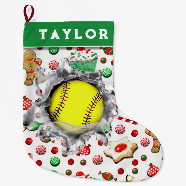 Grande Chaussette De Noël Cadeaux de vacances de softball (Devant)