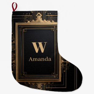 Grande Chaussette De Noël Cadre doré Art Déco avec nom et initiale personnal