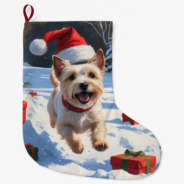 Grande Chaussette De Noël Cairn Terrier Courir en neige avec le Casquette de (Devant)
