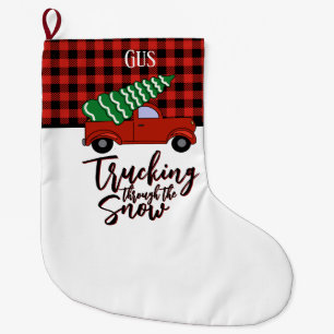 Grande Chaussette De Noël Camion personnalisé Noël Stocker Rouge Plaid