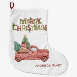 Grande Chaussette De Noël Camion Rouge Sapin Présente Joyeux Noël