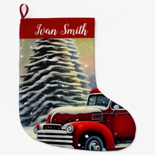 Grande Chaussette De Noël Camion rouge vintage et arbres de Noël belle neige