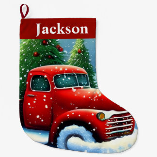 Grande Chaussette De Noël Camion Rouge Vintage et Arbres de Noël Cute Neige