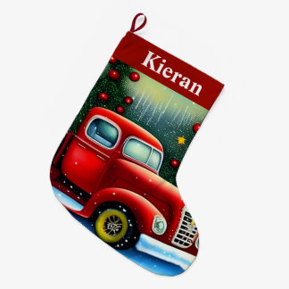 Grande Chaussette De Noël Camion Rouge Vintage et Arbres de Noël Cute Neige