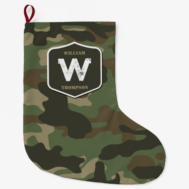 Grande Chaussette De Noël Camouflage vert Camo Motif de l'armée Monogramme (Devant)