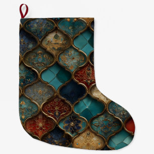 Grande Chaussette De Noël Carreaux marocains ornés dans les tons bijoux et o