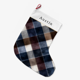 Grande Chaussette De Noël Carrés Bleu Rouge Gris Blanc