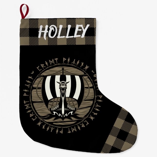 Grande Chaussette De Noël Carte Viking Dragon Longship Tan Black (Devant)