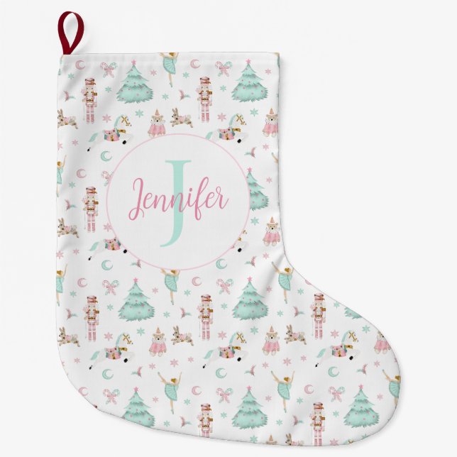 Grande Chaussette De Noël Casse-noix rose turquoise pastel (Devant)
