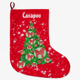 Grande Chaussette De Noël Cavapoo Chien Noël Gros Arbre Décor Rouge