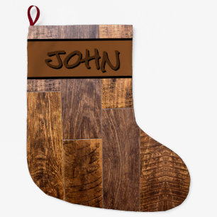 Grande Chaussette De Noël Cèdre motif de bois rustique