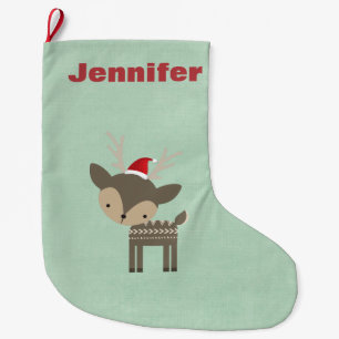 Grande Chaussette De Noël Cerf De Noël Dans Un Chapeau Rouge Retro Personnal