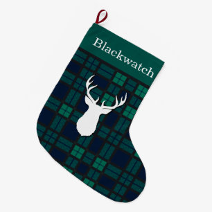 Grande Chaussette De Noël Cerf de Tartan Tartan Vert Personalisé