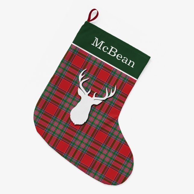 Grande Chaussette De Noël Cerf Tartan McBean vert rouge personnalisé (Devant (Accrochage))