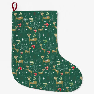 Grande Chaussette De Noël Cerfs mignons avec des sapins et des flocons de ne