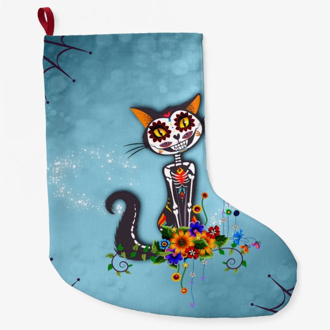 Grande Chaussette De Noël Chat à squelette de sucre drôle (Devant)