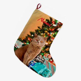 Grande Chaussette De Noël Chat avec l'arbre et les boîtes-cadeau de Noël