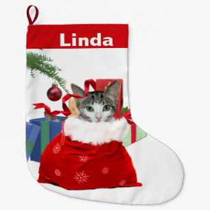 Grande Chaussette De Noël Chat dans le sac de Noël avec des présents,