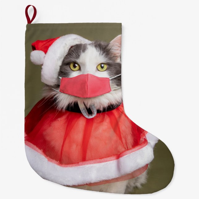 Grande Chaussette De Noël Chat de Noël en masque facial (Devant)