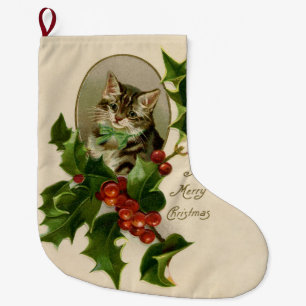Grande Chaussette De Noël Chat Noël Joyau Holly Kitten Art antique