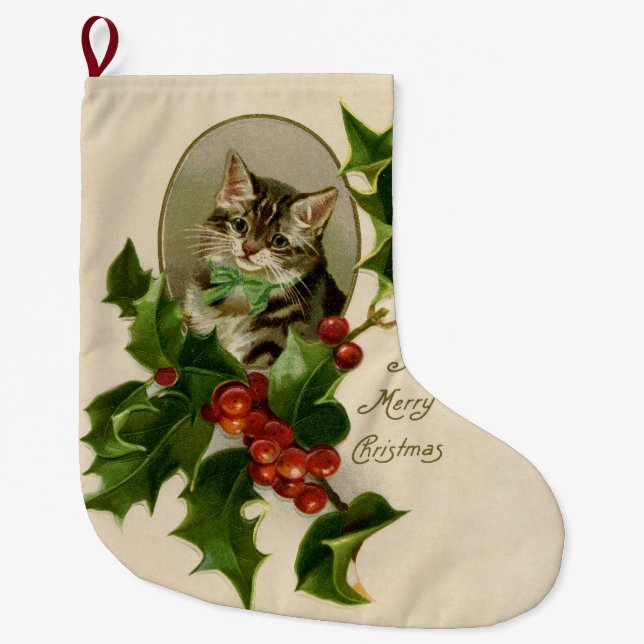 Grande Chaussette De Noël Chat Noël Joyau Holly Kitten Art antique (Devant)
