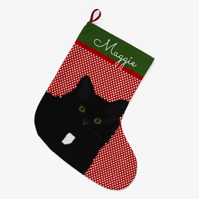 Grande Chaussette De Noël Chat noir à cheveux longs Personnalisé (Devant (Accrochage))