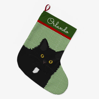 Grande Chaussette De Noël Chat noir à cheveux longs personnalisés Yellow Eye