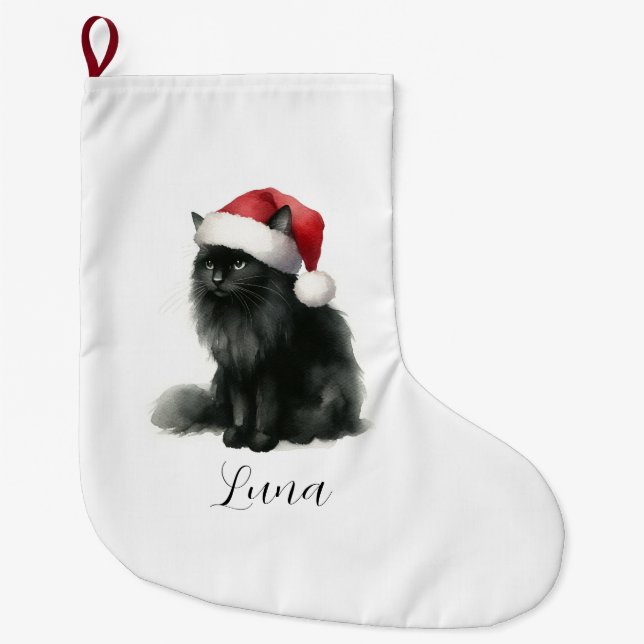 Grande Chaussette De Noël Chat noir aquarelle en Festive Santa Hat Stocking (Devant)